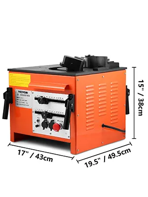 orange VEVOR rebar bender, dimensions: 17"x19.5"x15", compact and efficient.