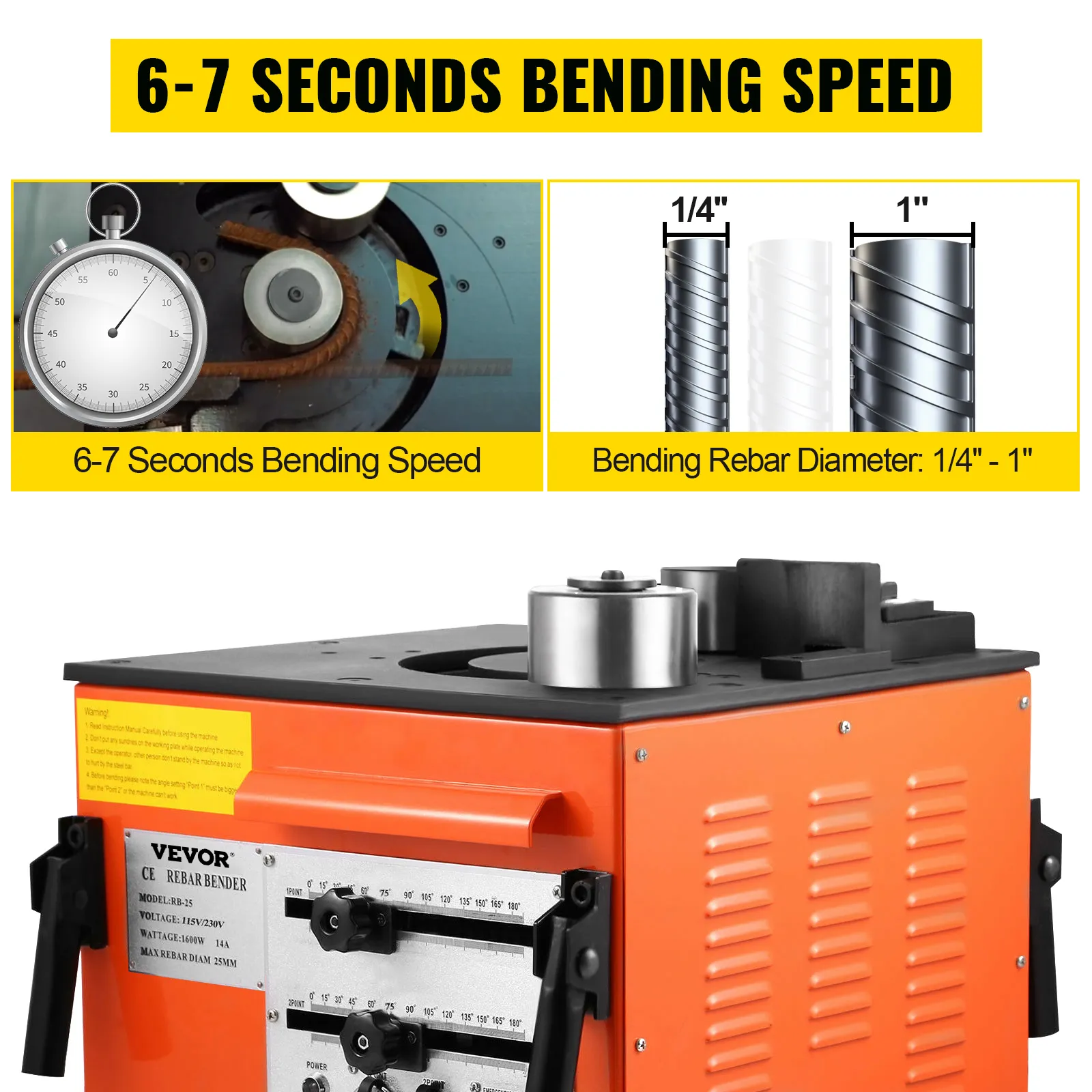 VEVOR rebar bender with 6-7 seconds bending speed and 1/4" - 1" rebar diameter.