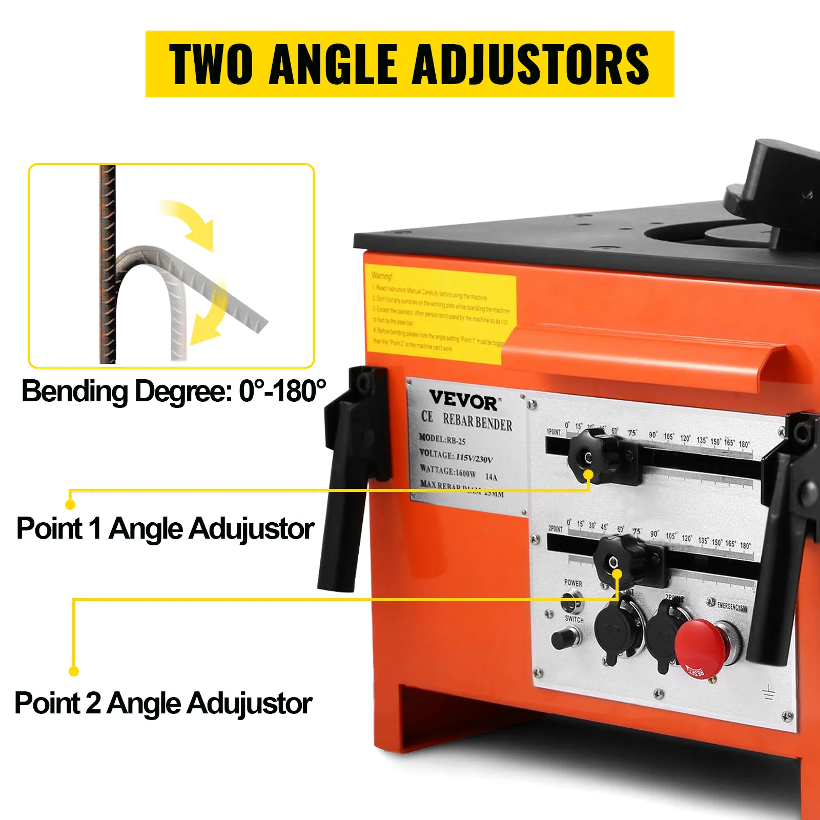 VEVOR rebar bender with two angle adjustors and bending degree range of 0°-180°.