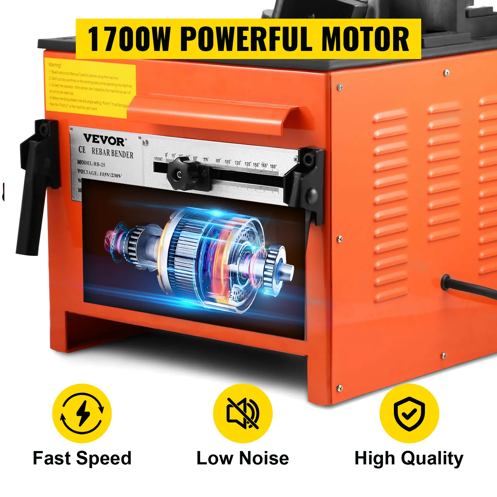 VEVOR rebar bender with 1700w motor, showcasing fast speed, low noise, and high quality.