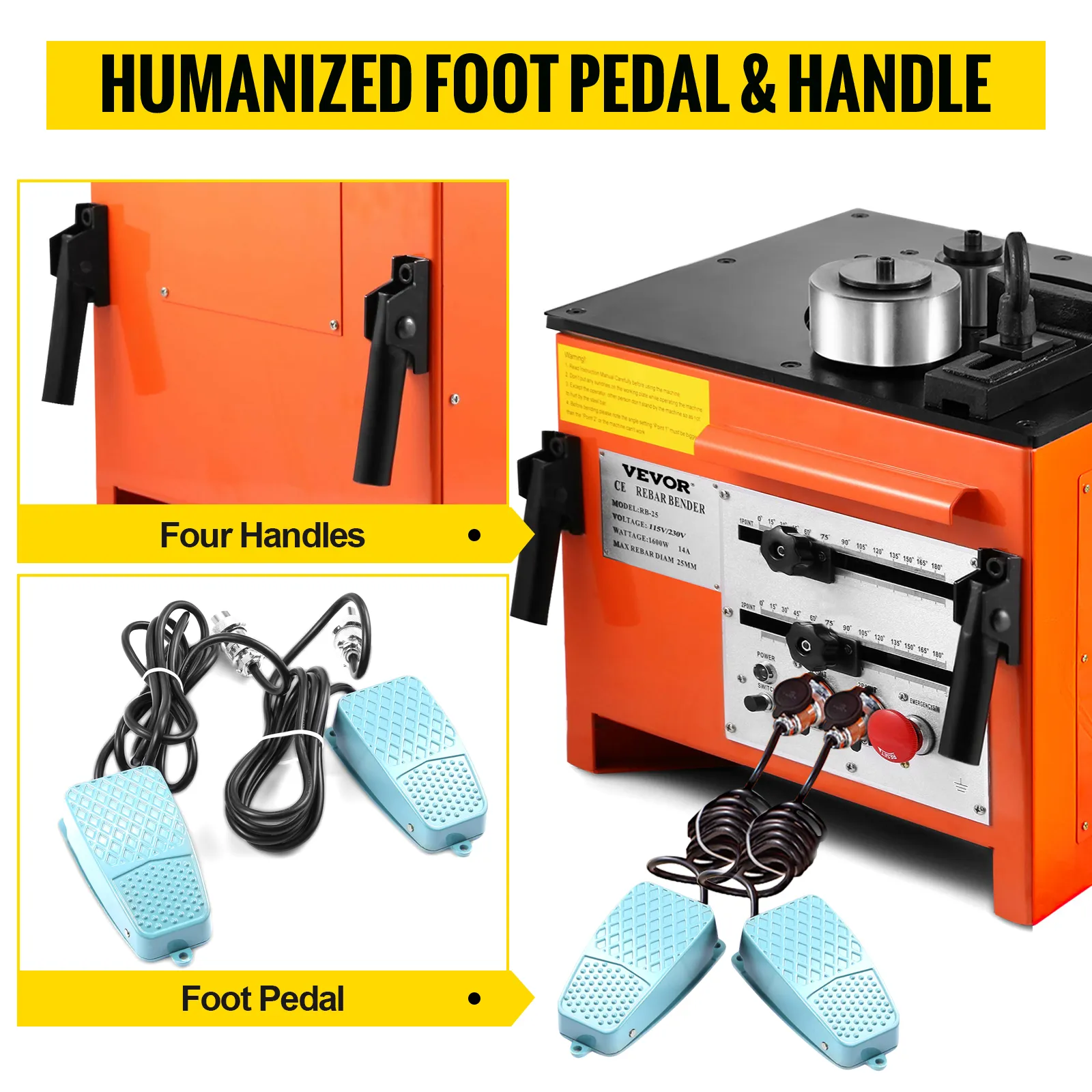 VEVOR rebar bender with foot pedal and four handles, orange machine.