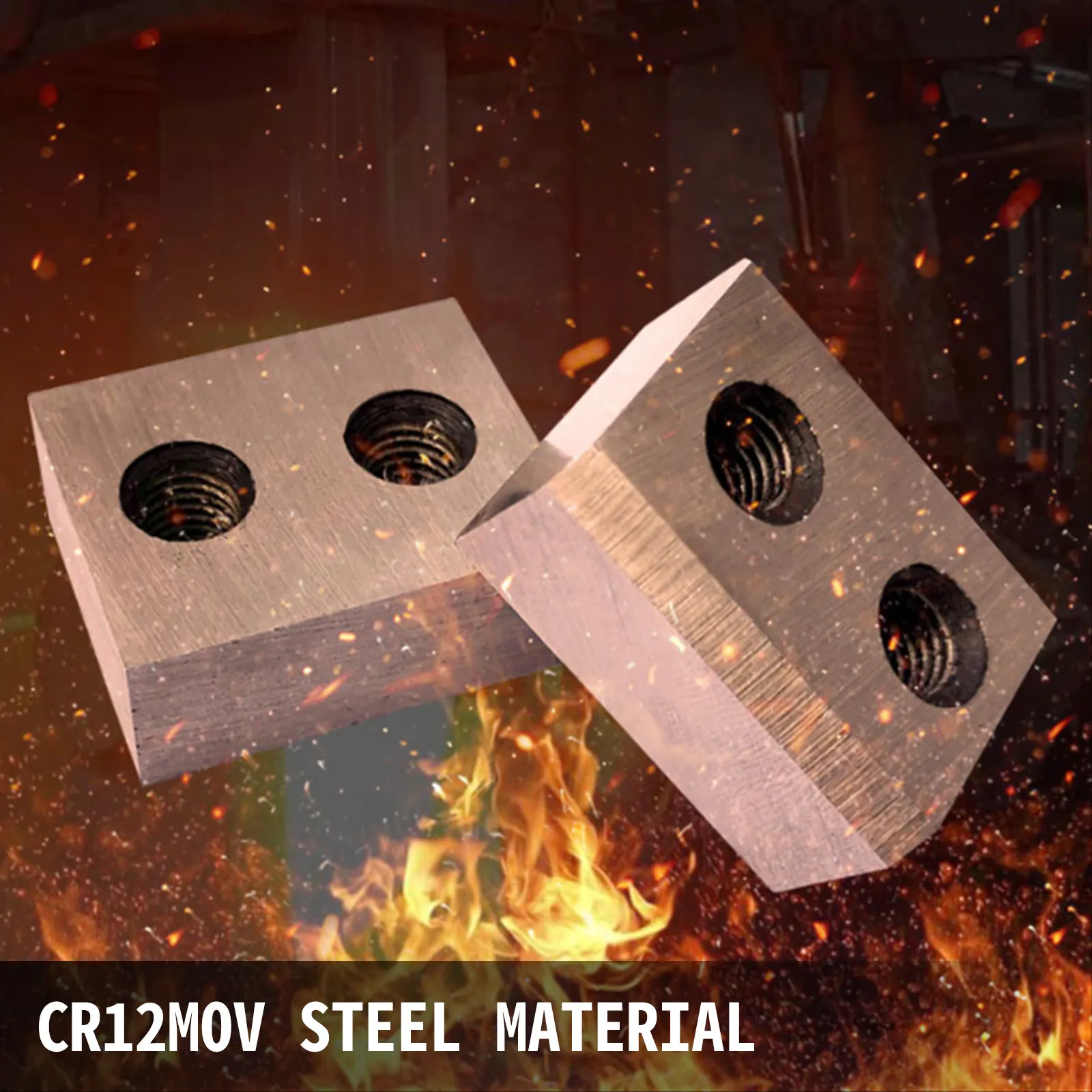 VEVOR rebar cutter blades made of cr12mov steel against fiery background.
