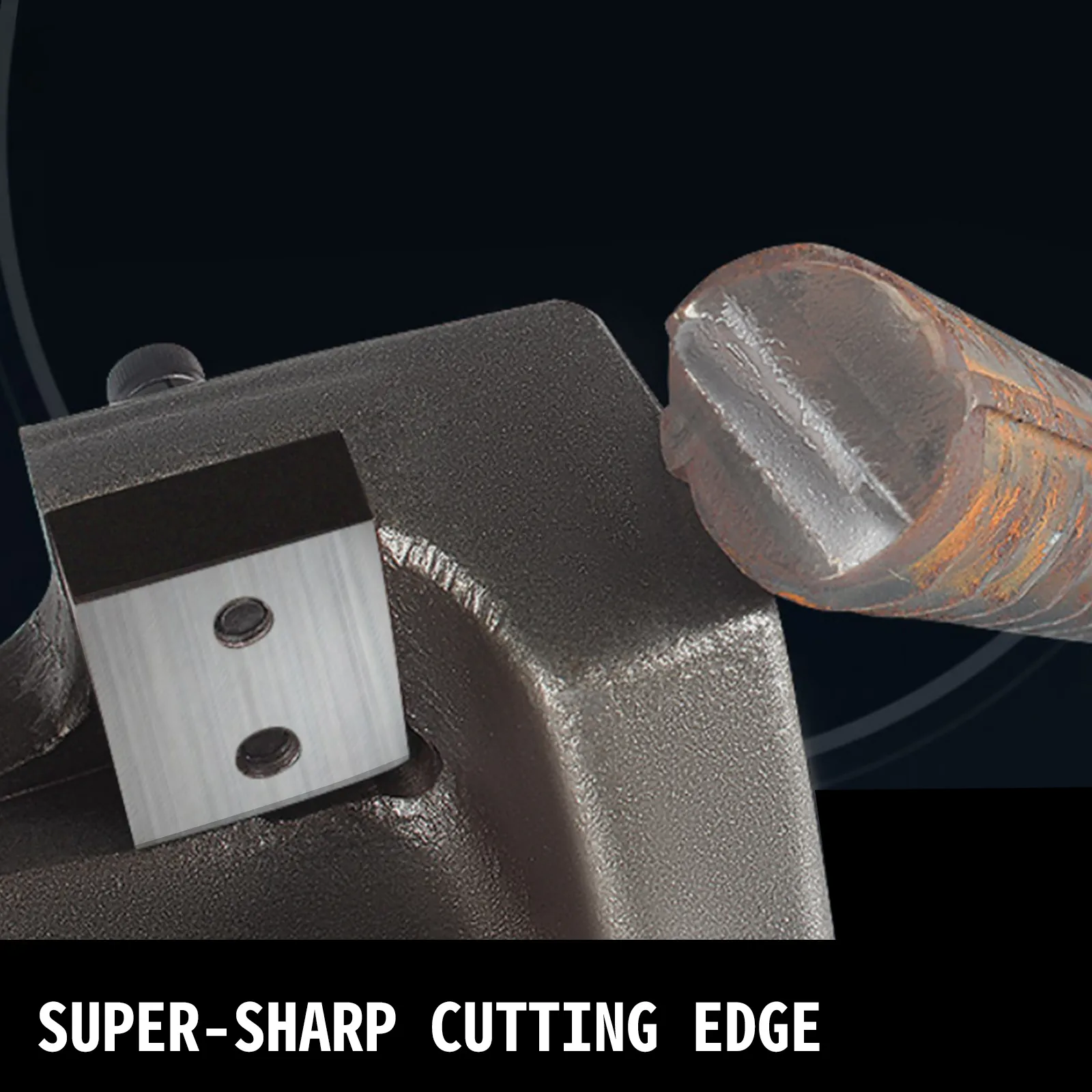 VEVOR rebar cutter blades close-up showing super-sharp cutting edge and clean cut.