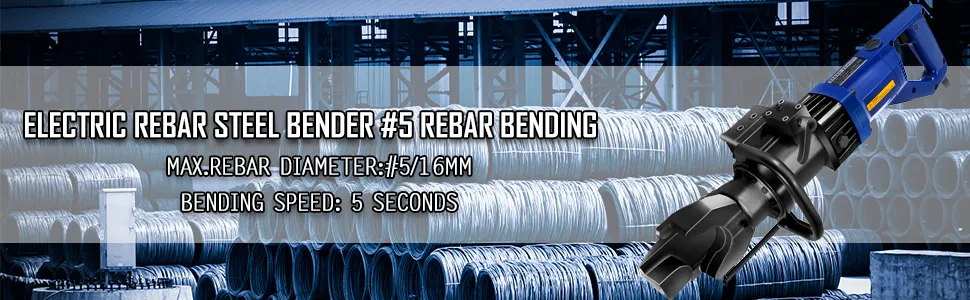 Dobladora de varillas de acero eléctrica VEVOR con varillas de acero enrolladas en un entorno industrial.