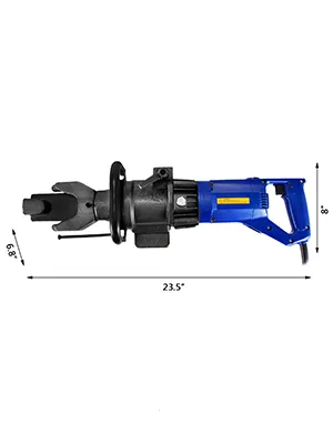 Dobladora de varillas de refuerzo eléctrica VEVOR azul que mide 23,5 pulgadas de largo y 8 pulgadas de alto.