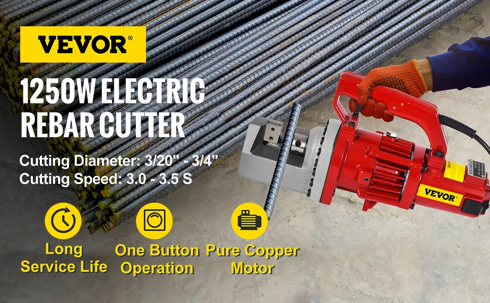 Cortadora de varillas de refuerzo hidráulica eléctrica VEVOR en uso, cortando varillas de refuerzo con precisión y facilidad.