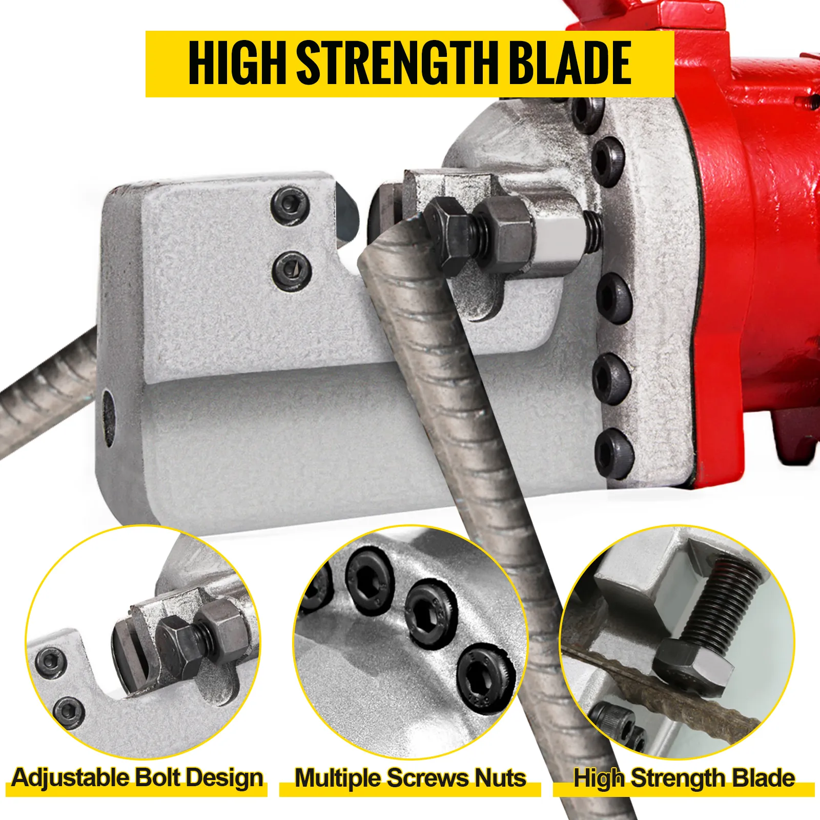 Cortadora de varillas de refuerzo hidráulica eléctrica VEVOR con diseño de perno ajustable y cuchilla de alta resistencia.