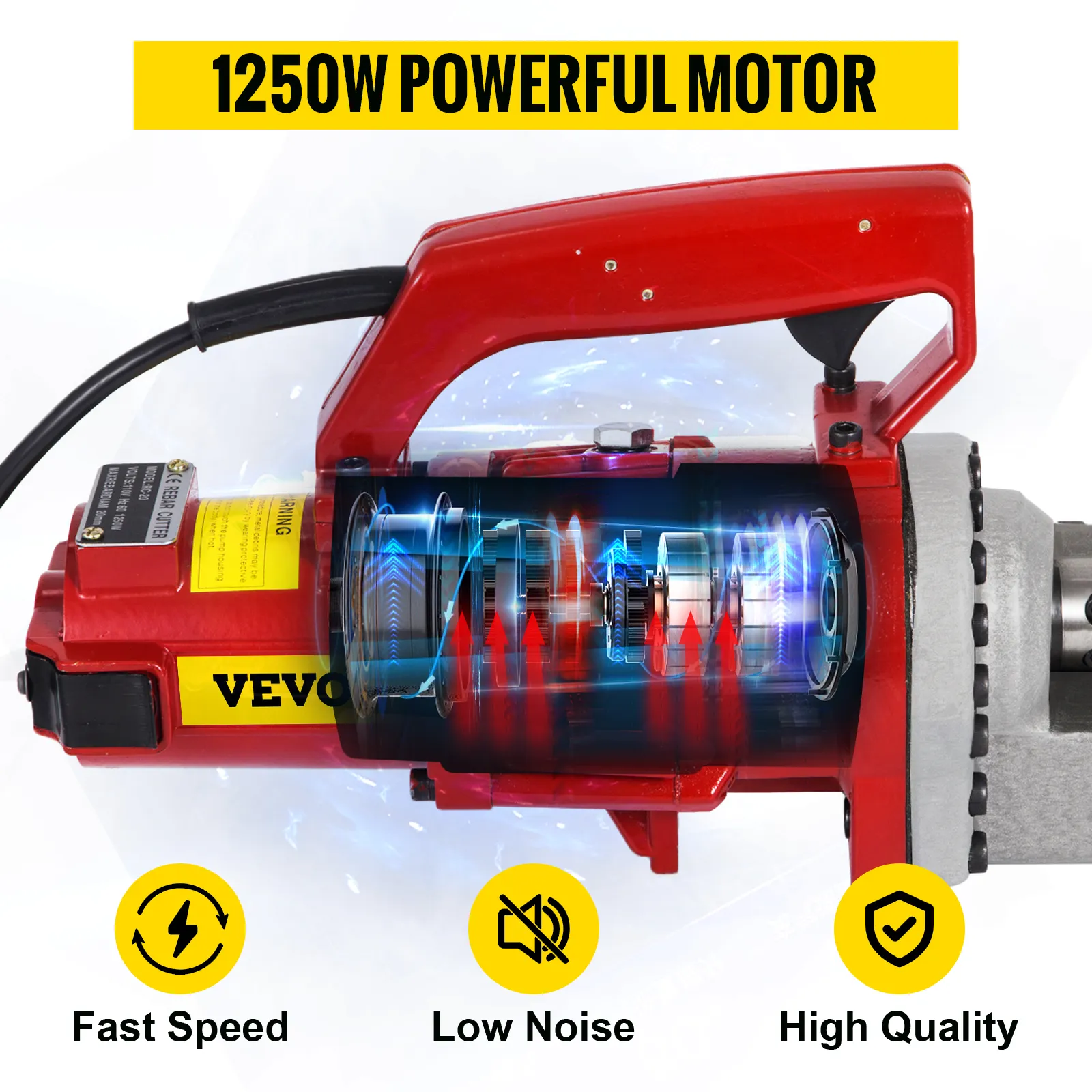 Cortadora de varillas hidráulica eléctrica VEVOR con potente motor de 1250 W, alta velocidad y bajo nivel de ruido.