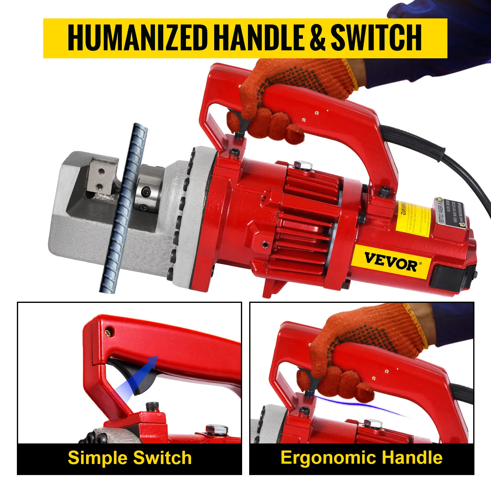 Cortadora de varillas hidráulica eléctrica roja VEVOR con mango ergonómico e interruptor simple.