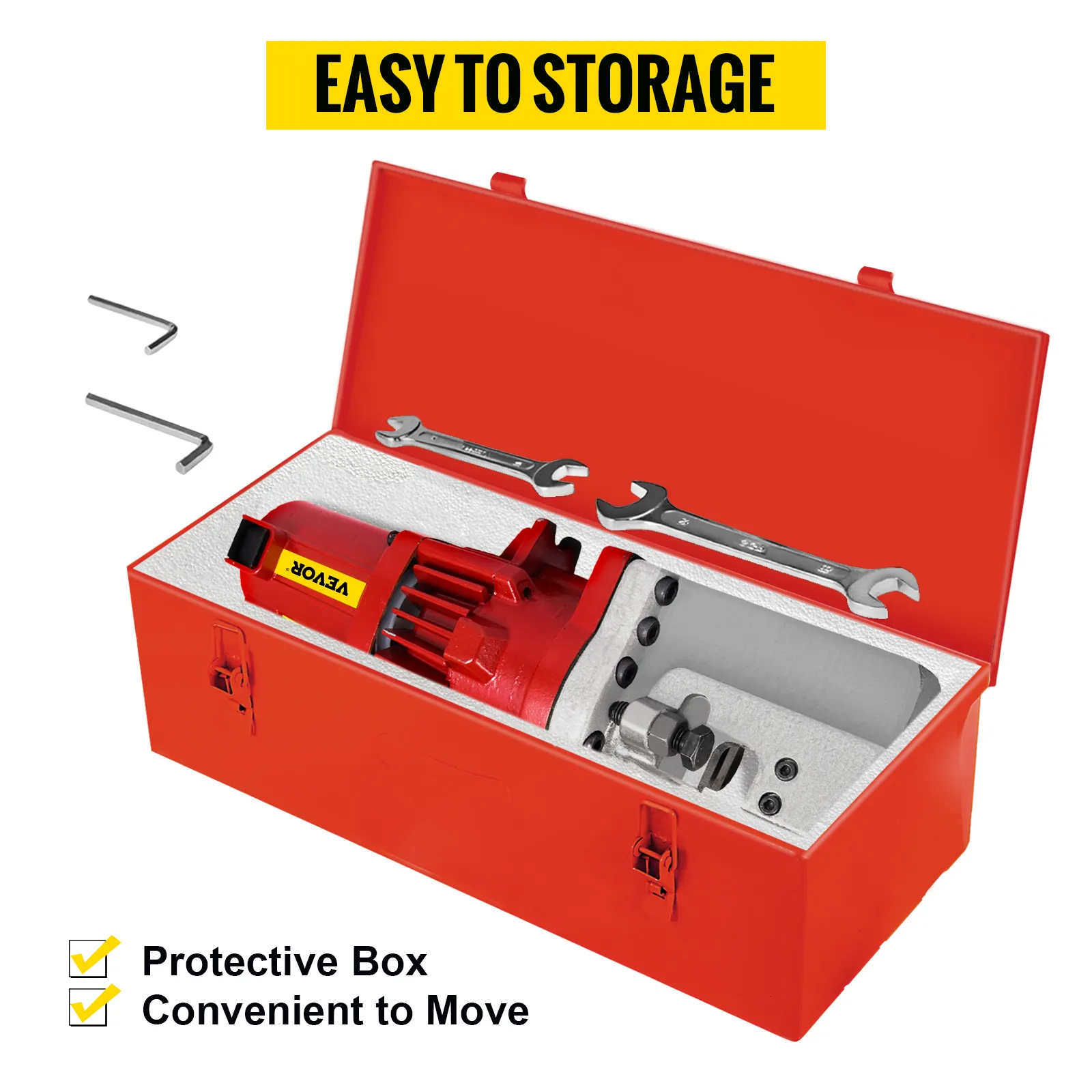 Cortadora de varillas hidráulica eléctrica VEVOR con herramientas en una caja protectora roja.