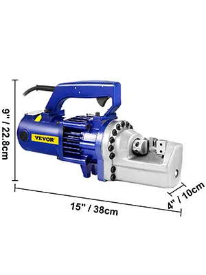 VEVOR rebar cutter with dimensions 15" x 9" x 4" (38cm x 22.8cm x 10cm) in blue and silver.