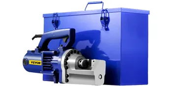 VEVOR rebar cutter in blue against matching carry case.