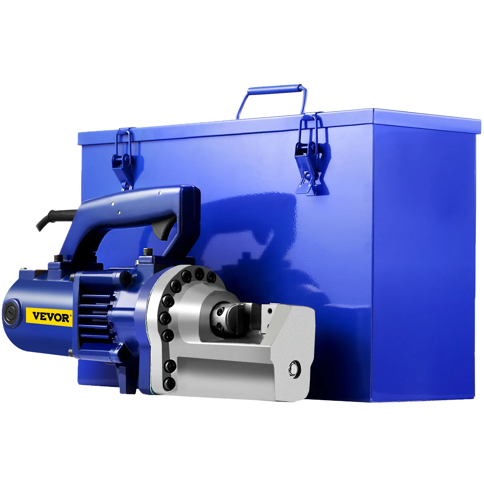 VEVOR rebar cutter with sturdy blue handle and metal storage box.