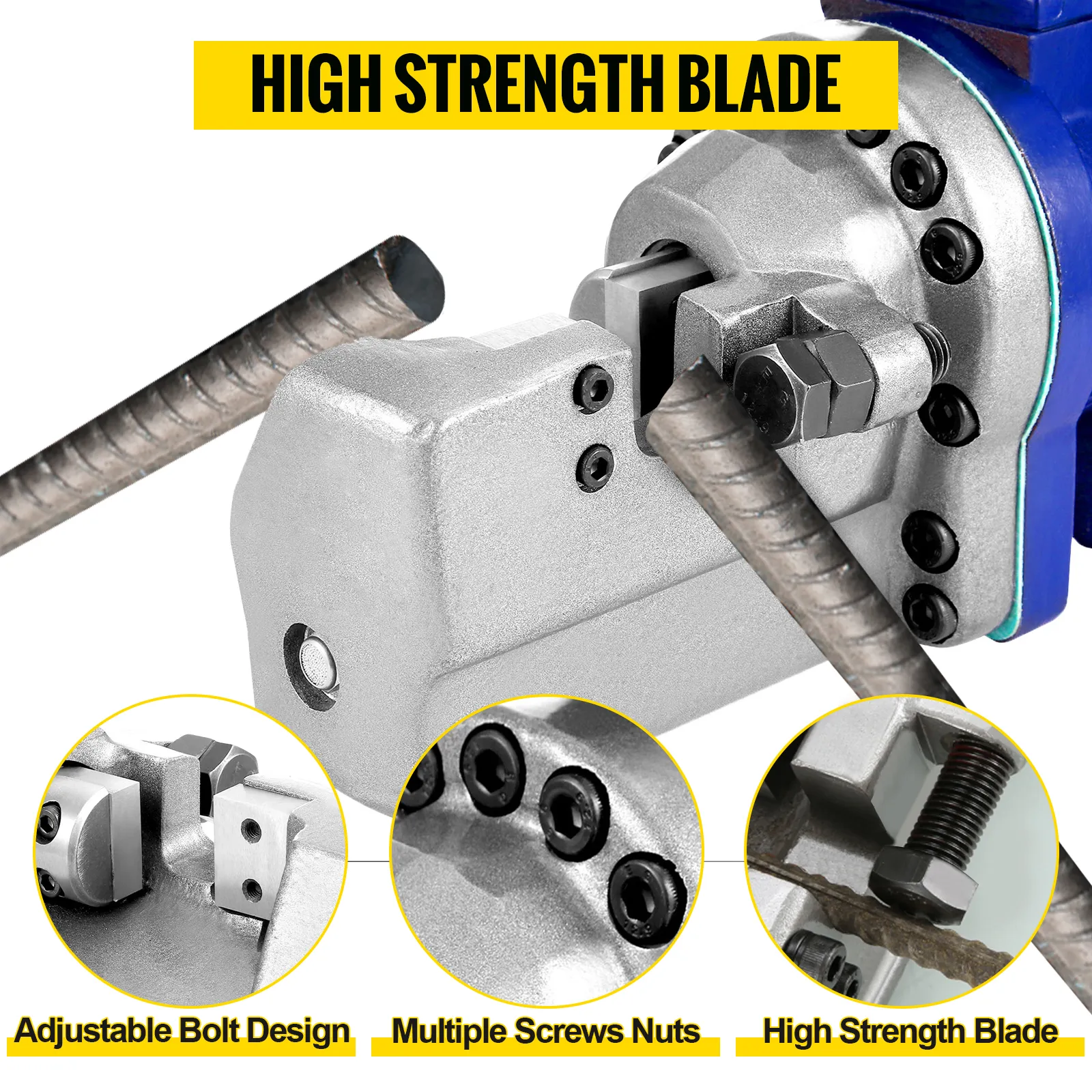 VEVOR rebar cutter with high strength blade, adjustable bolt design, and multiple screws.