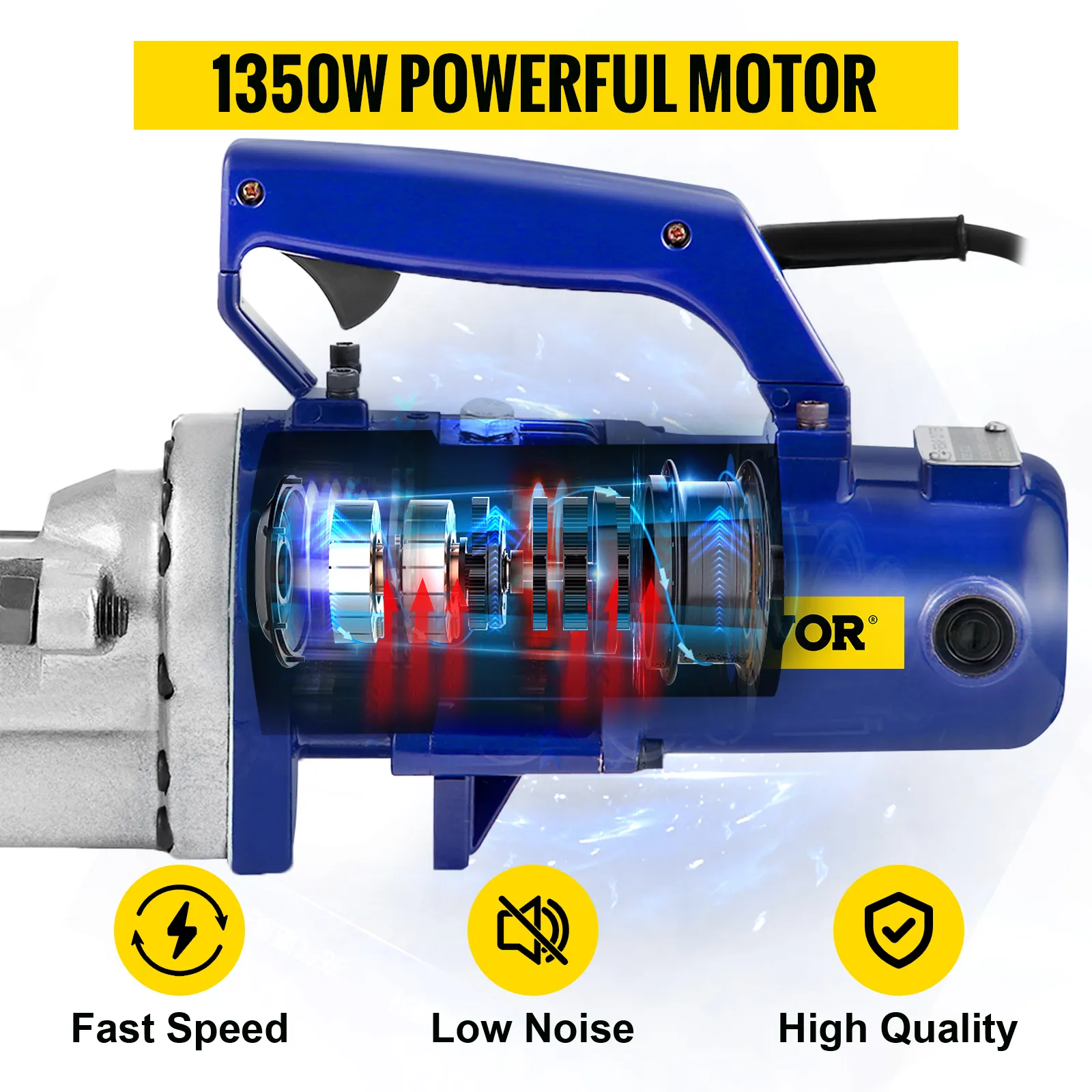 VEVOR rebar cutter with 1350w motor, showcasing fast speed, low noise, and high quality.