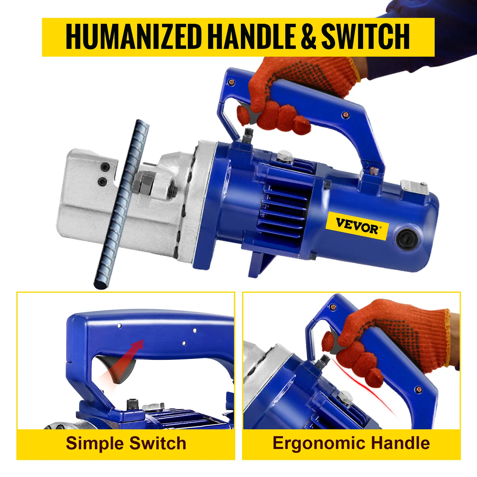 VEVOR rebar cutter with ergonomic handle and simple switch for efficient cutting.