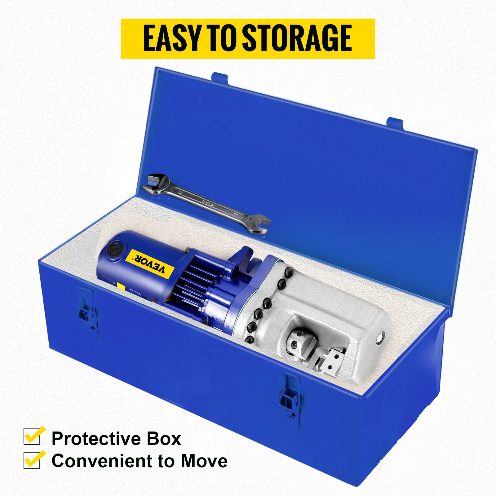 VEVOR rebar cutter in blue protective box with a wrench for easy storage and portability.