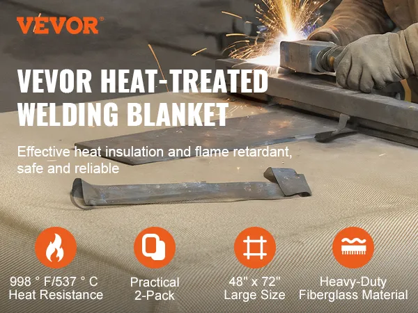 VEVOR welding blanket in use, highlighting its heat resistance and durable fiberglass material.