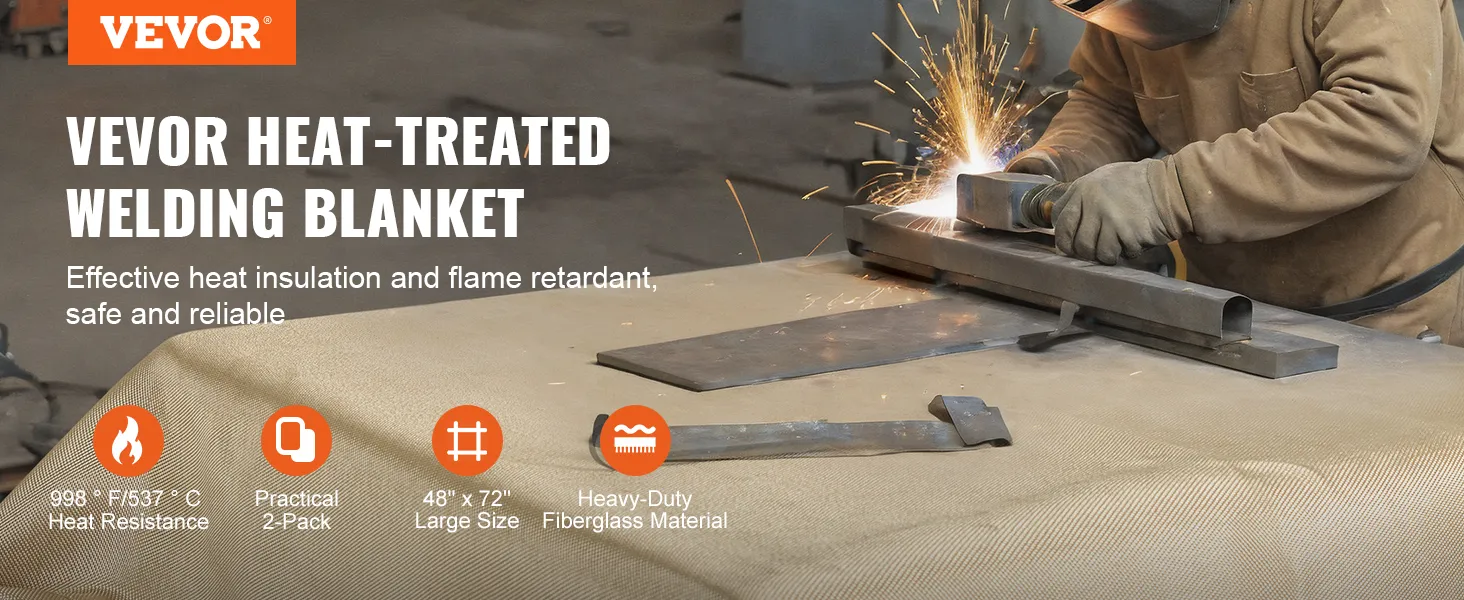 VEVOR welding blanket in use, highlighting its heat resistance and durable fiberglass material.