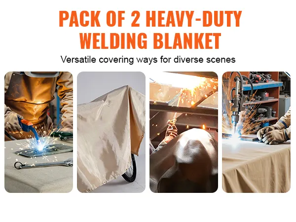 pack of 2 heavy-duty VEVOR welding blankets in use; sparks flying in welding scenes.