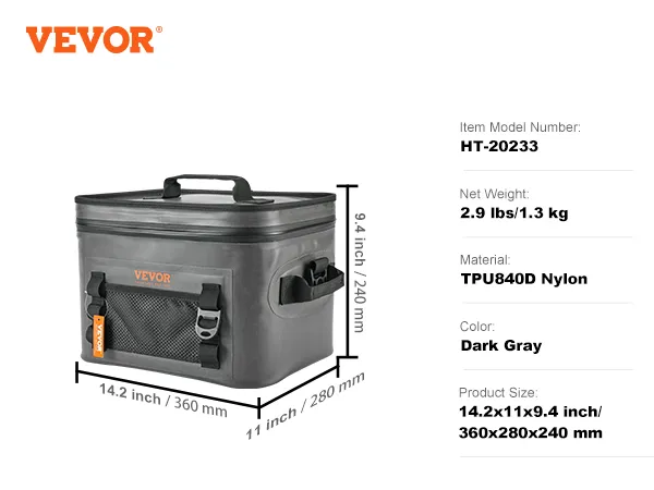 VEVOR soft cooler bag in dark gray, model ht-20233, tpu840d nylon, 14.2x11x9.4 in, 2.9 lbs.