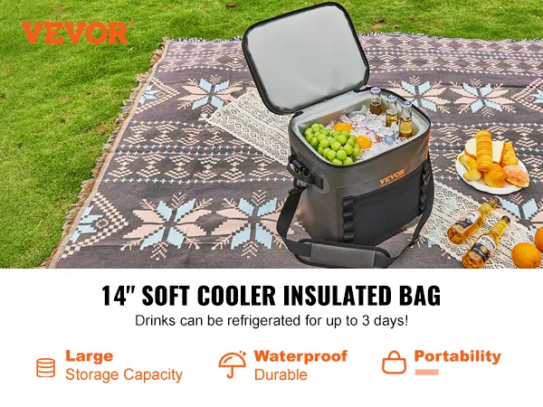 VEVOR soft cooler bag on a picnic blanket with drinks and fruits inside, pastries and drinks nearby.