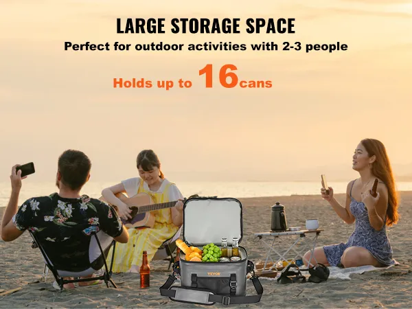 VEVOR soft cooler bag for beach outings, holds up to 16 cans, ideal for 2-3 people enjoying a sunset.
