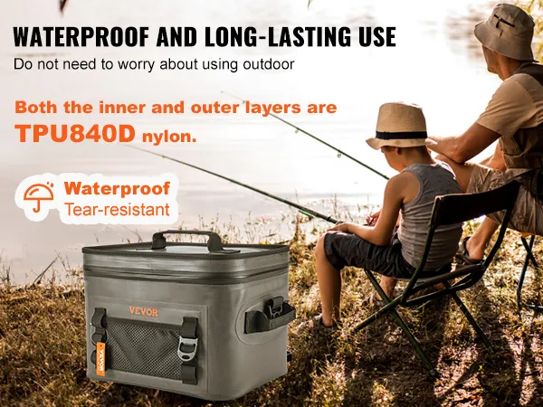 fishing by the lake, father and son near their VEVOR soft cooler bag, featuring tpu840d nylon.