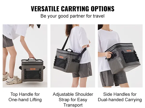 VEVOR soft cooler bag with top handle, shoulder strap, and side handles for versatile carrying options.