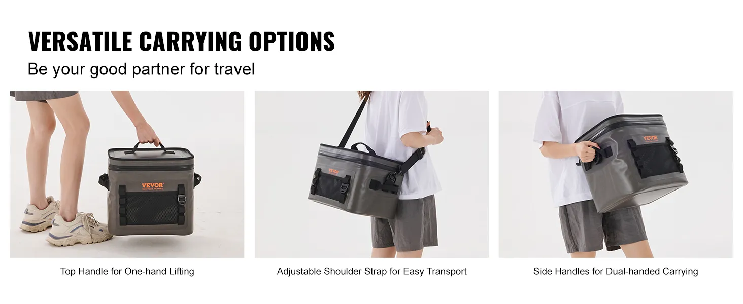 VEVOR soft cooler bag with top handle, shoulder strap, and side handles for versatile carrying options.