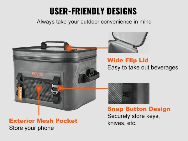 VEVOR soft cooler bag with exterior mesh pocket, wide flip lid, and snap button design.