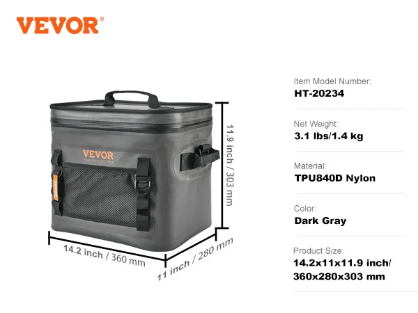 Bolsa refrigeradora suave VEVOR, gris oscuro, nailon tpu840d, 14,2 x 11 x 11,9 pulgadas, 3,1 libras, ht-20234.