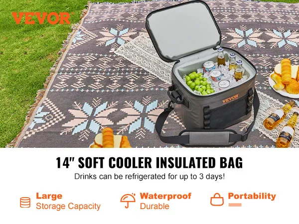 Bolsa térmica suave VEVOR sobre una manta de picnic con bebidas, frutas y pasteles, destacando el gran almacenamiento.