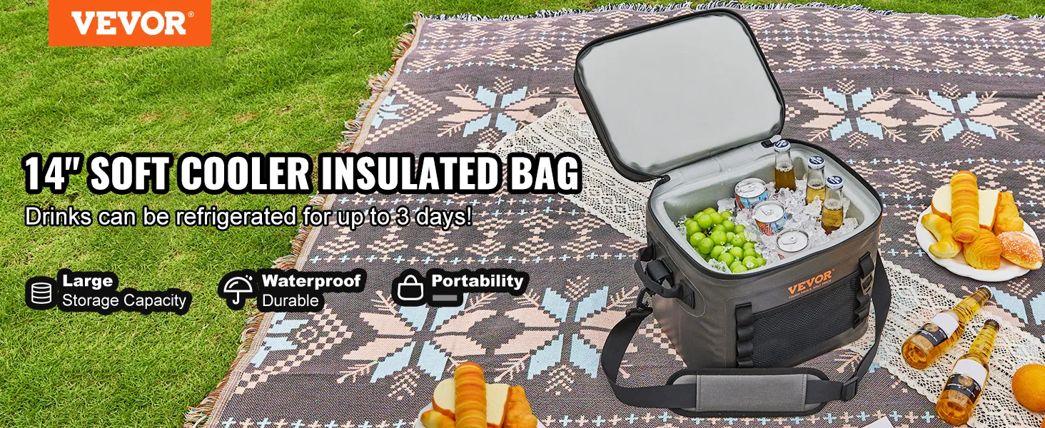 Bolsa térmica suave VEVOR sobre una manta de picnic con bebidas, frutas y pasteles, destacando el gran almacenamiento.