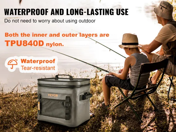 Padre e hijo pescando en un lago con una bolsa térmica suave VEVOR hecha de nailon tpu840d impermeable.