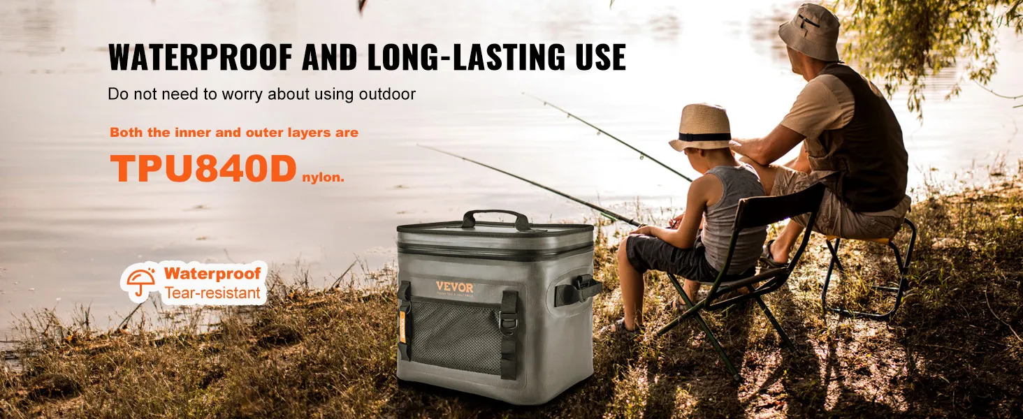 Padre e hijo pescando en un lago con una bolsa térmica suave VEVOR hecha de nailon tpu840d impermeable.
