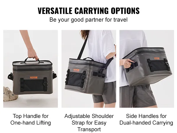 Bolsa térmica suave VEVOR con opciones de transporte versátiles: asa superior, correa para el hombro y asas laterales.