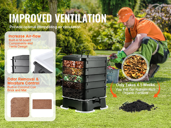 VEVOR 5-Tray Worm Composter, 50 L Worm Compost Bin Outdoor and
