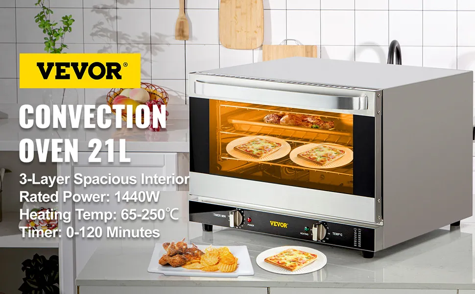 Horno de convección comercial VEVOR, interior de 3 capas, pizzas y pollo en el interior, encimera de cocina