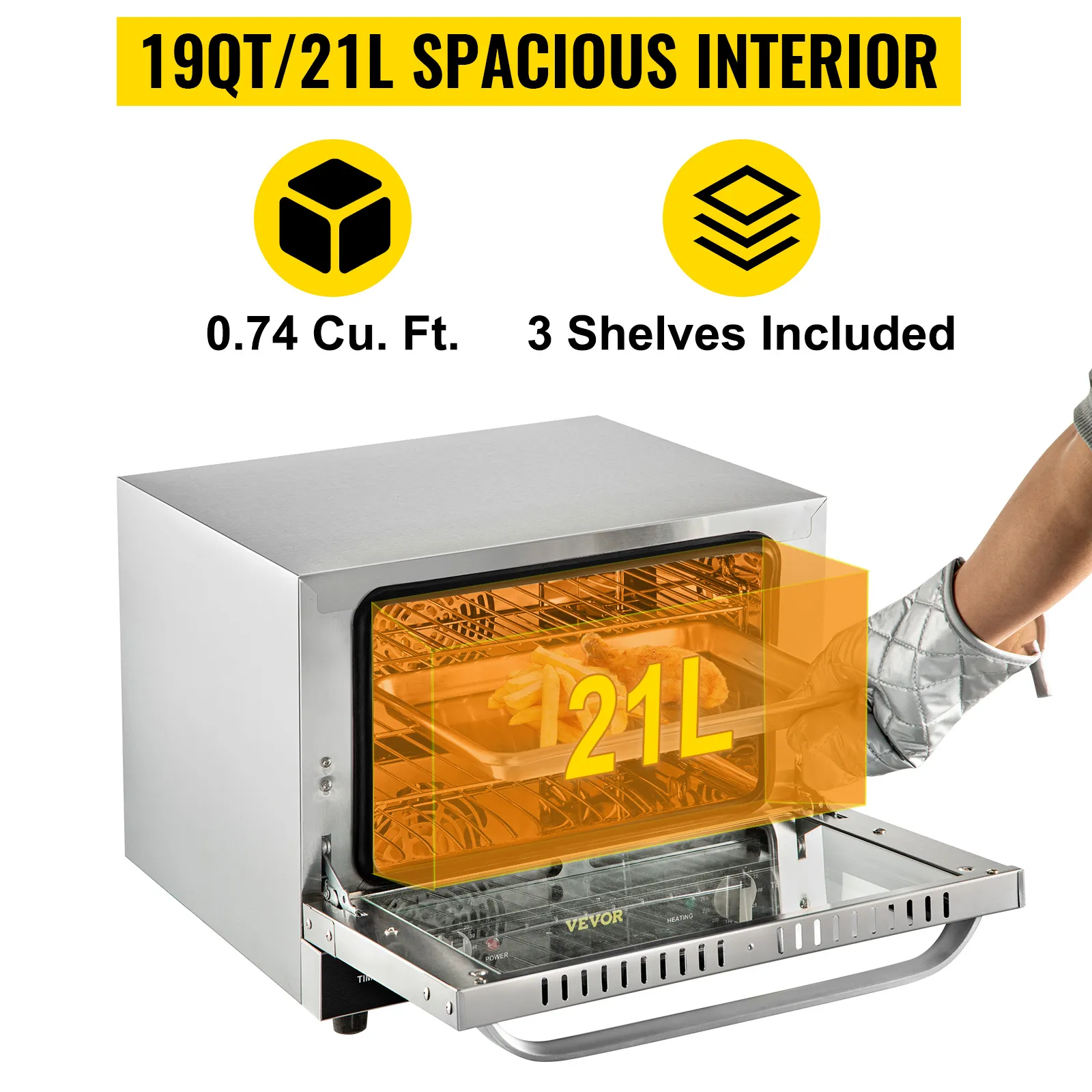 Horno de convección comercial VEVOR con capacidad de 21 l, 3 estantes, 0,74 pies cúbicos interior.