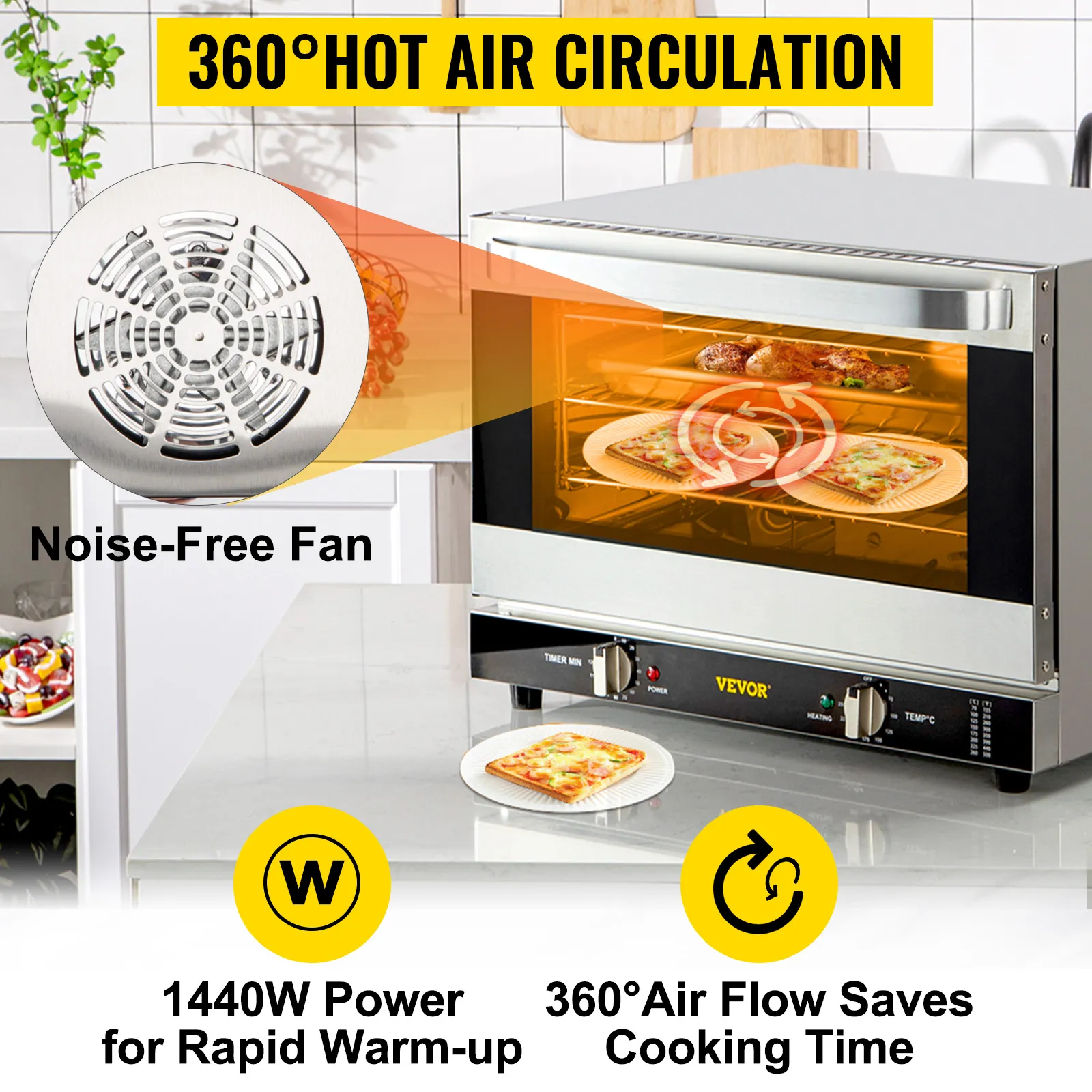 Horno de convección comercial VEVOR con circulación de aire caliente de 360° y 1440w de potencia.