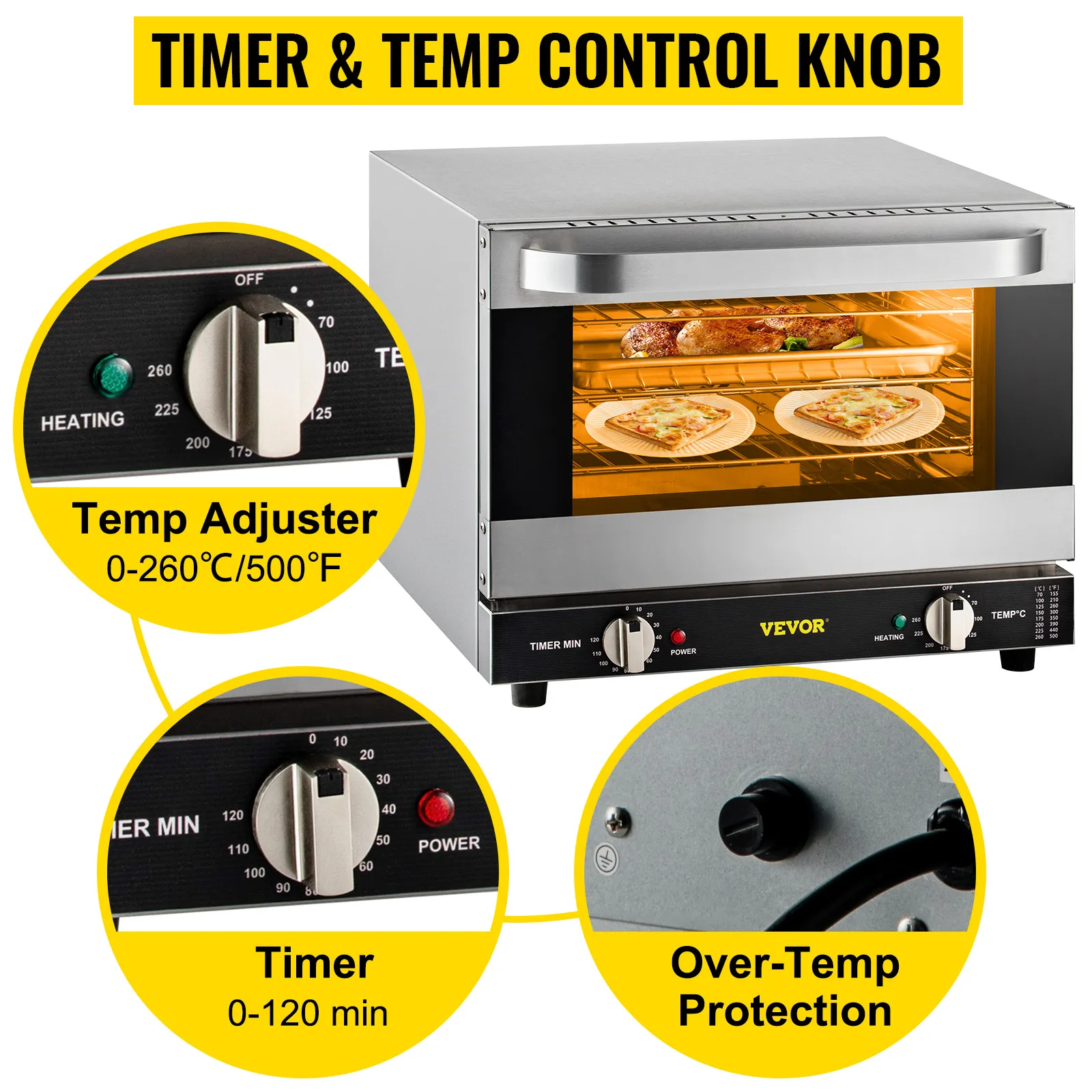Horno de convección comercial VEVOR con ajustador de temperatura, temporizador y protección contra sobretemperatura.