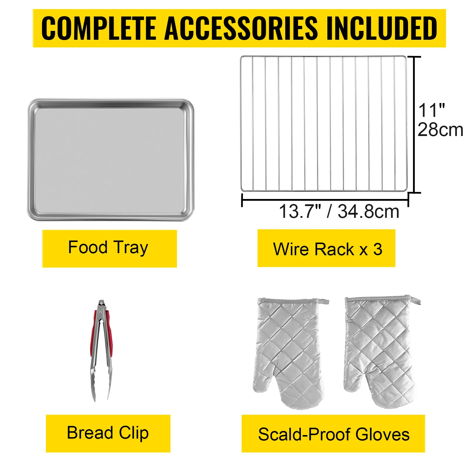 Accesorios para horno de convección comercial VEVOR: bandeja de alimentos, rejilla de alambre, pinza para pan, guantes.