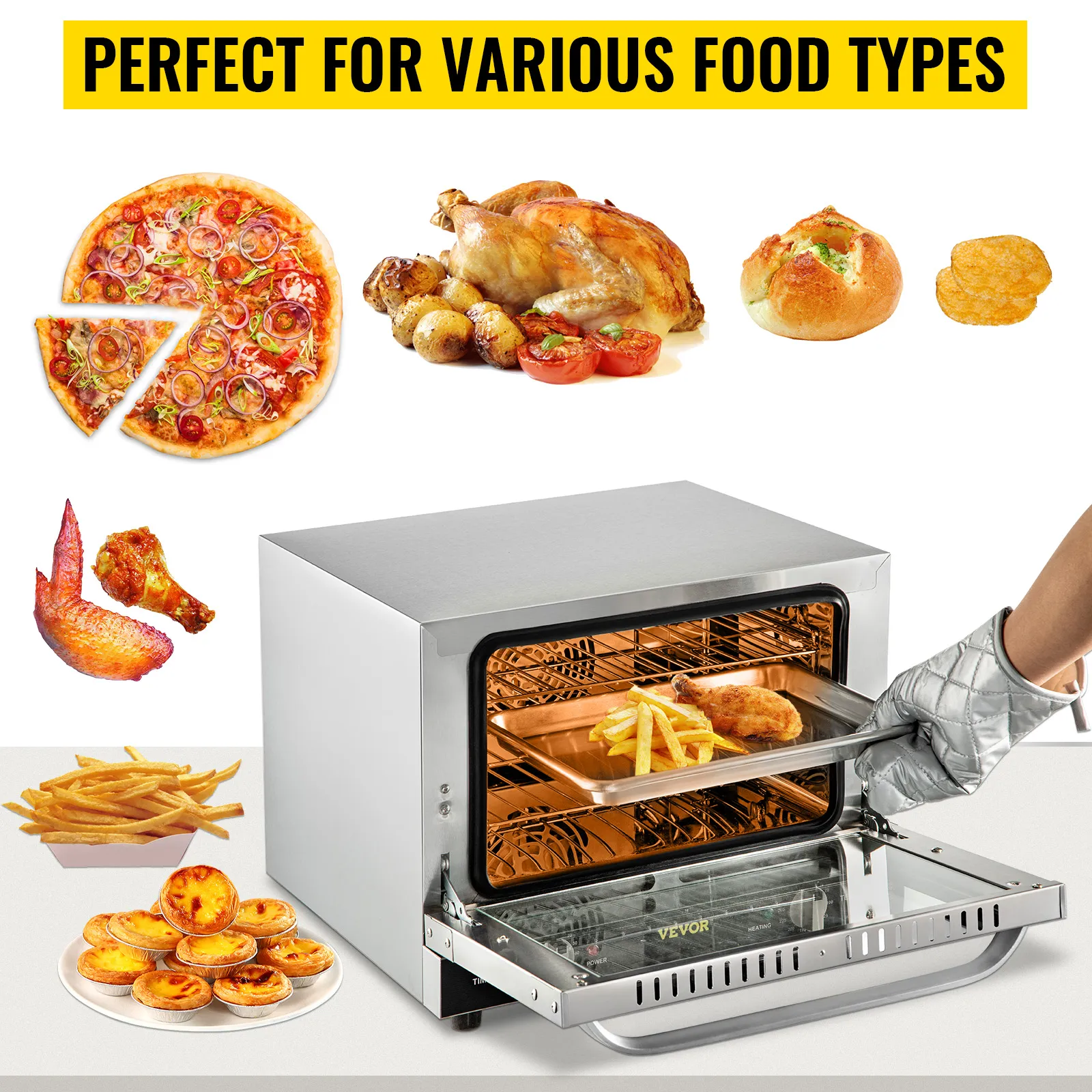 Horno de convección comercial VEVOR que hornea diversos alimentos como pizza y pollo.