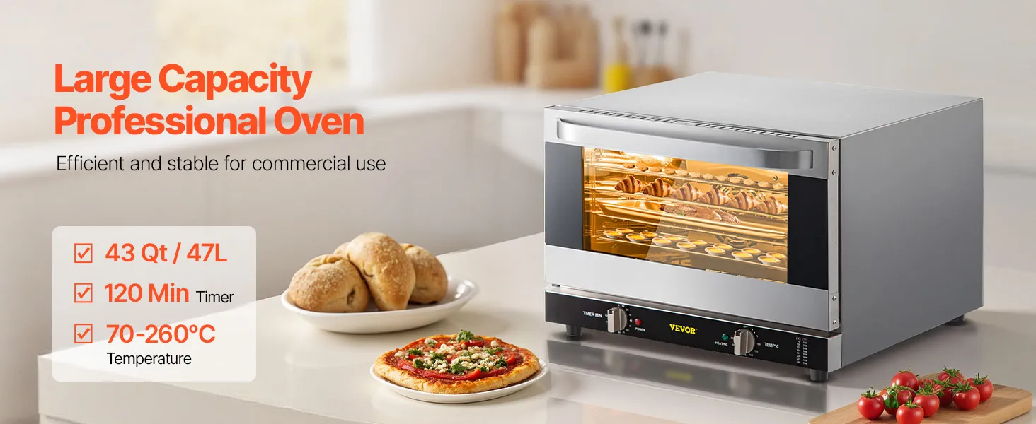Horno de convección comercial VEVOR con cocción de pizzas y asados en una cocina.