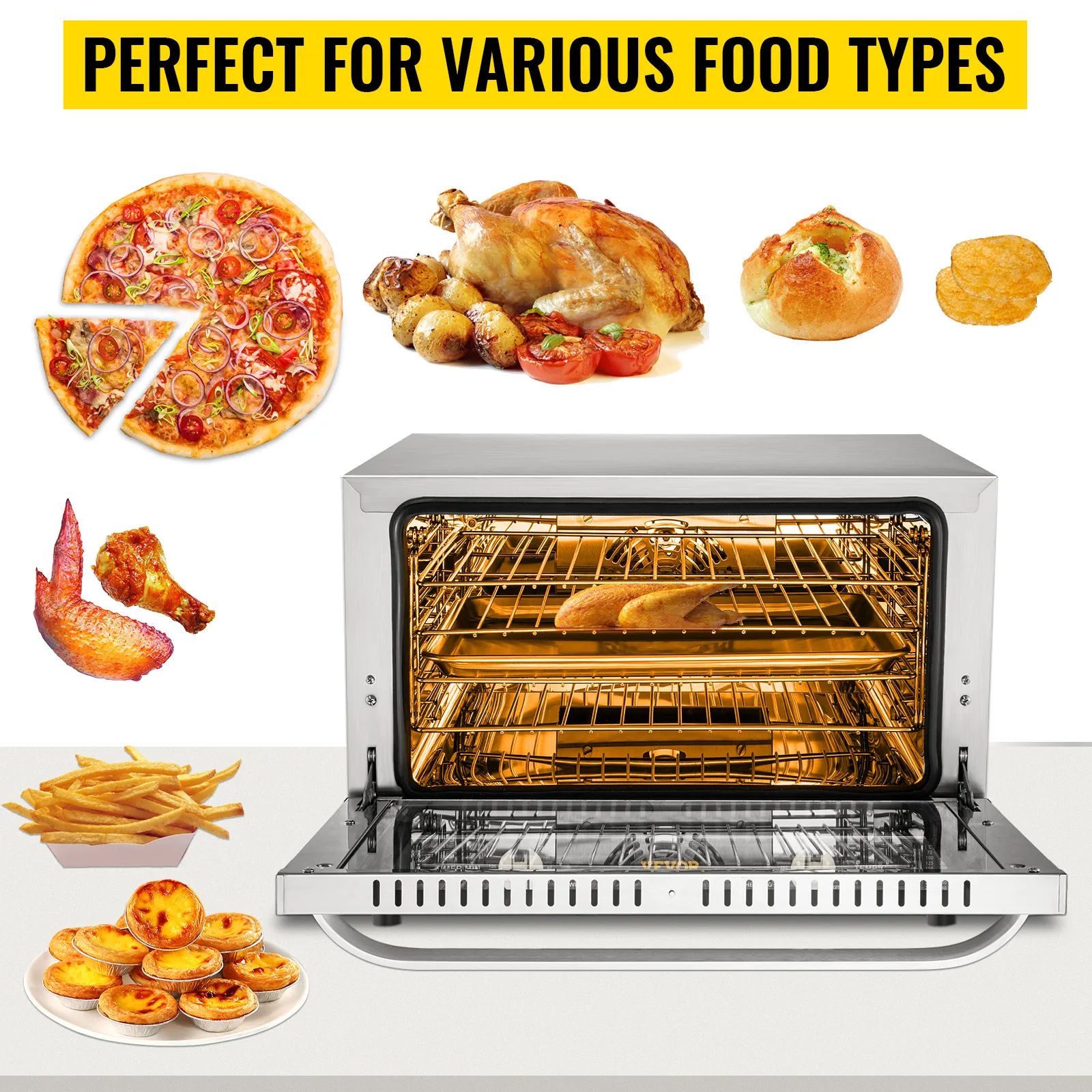 Horno de convección comercial VEVOR con diversos tipos de alimentos como pizza y pollo asado.