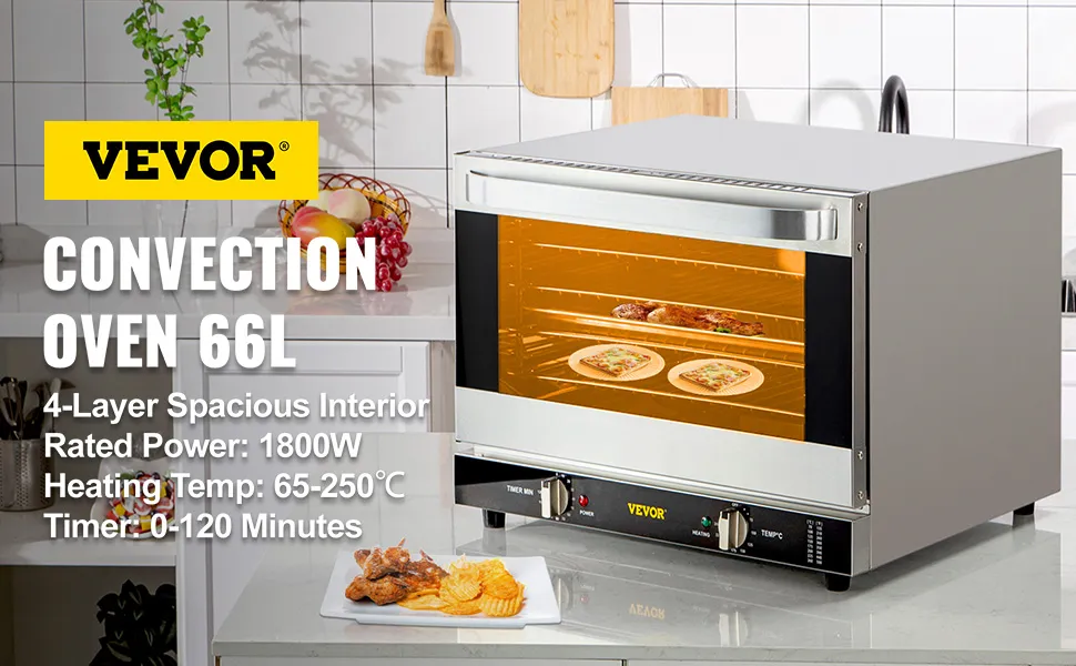 Horno de convección comercial VEVOR con interior de 4 capas en una cocina moderna.