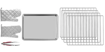 Accesorios para hornos de convección comerciales VEVOR: bandejas, rejillas, guantes de horno y pinzas dispuestas.