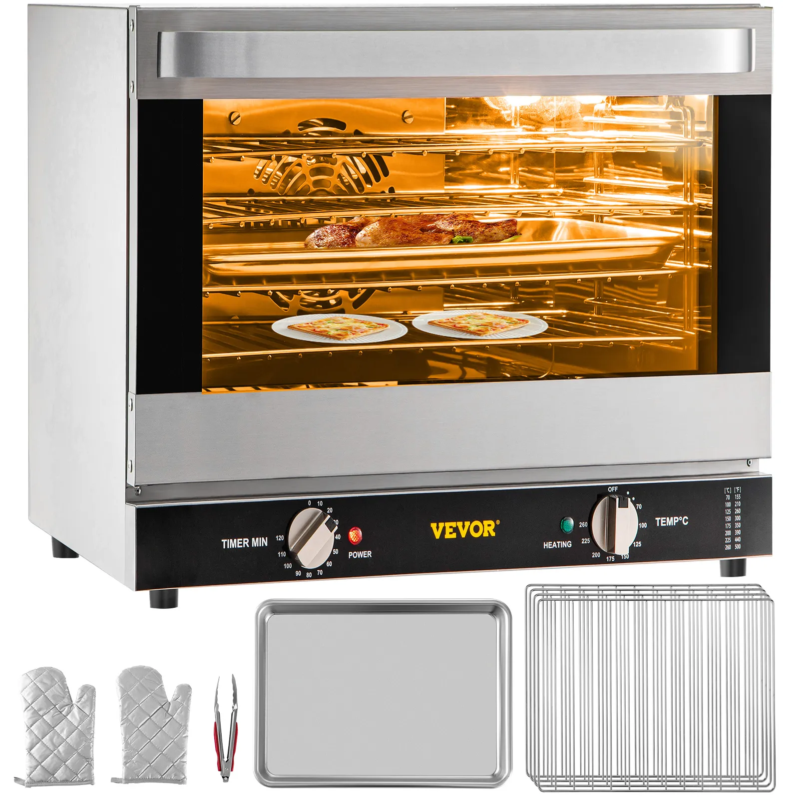 Horno de convección comercial VEVOR con bandejas, rejillas, guantes y pinzas para cocinar pizza y carne.