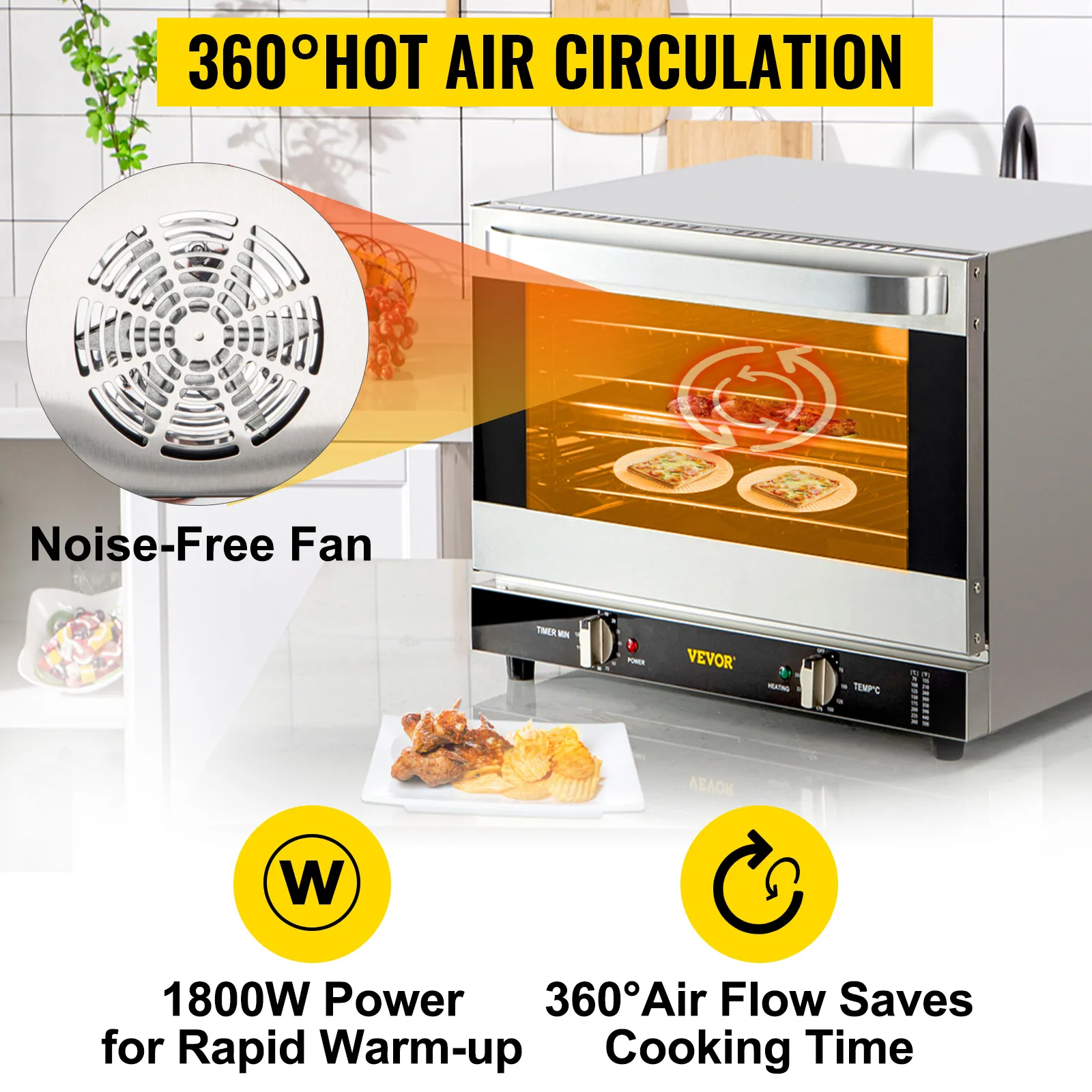 Horno de convección comercial VEVOR con circulación de aire caliente de 360° y 1800w de potencia para una cocción rápida.